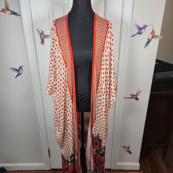 Bl^Nk London Sweaters - Bl^nk London Poppy Floral Duster Kimono Orange Polka Dot Beaded Accents